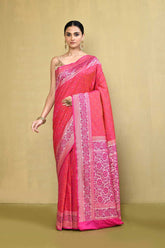 Peach- Pink Handloom Reshmi Tanchoi Saree With Handwoven Border